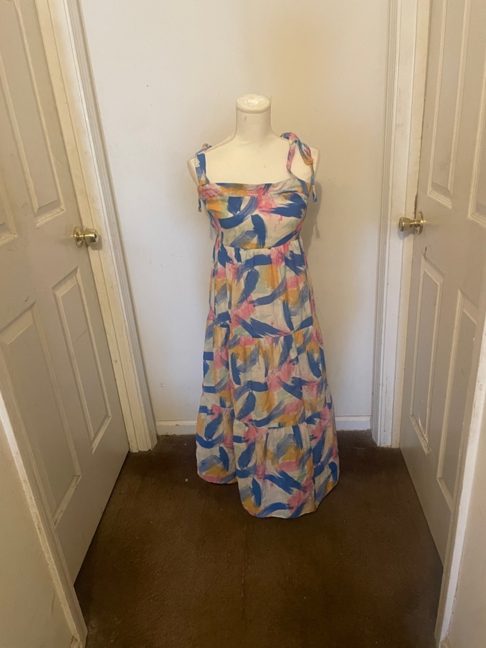 Blu Pepper Sleeveless Tie-Shoulder Maxi Dress in Blue, Pink & Yellow